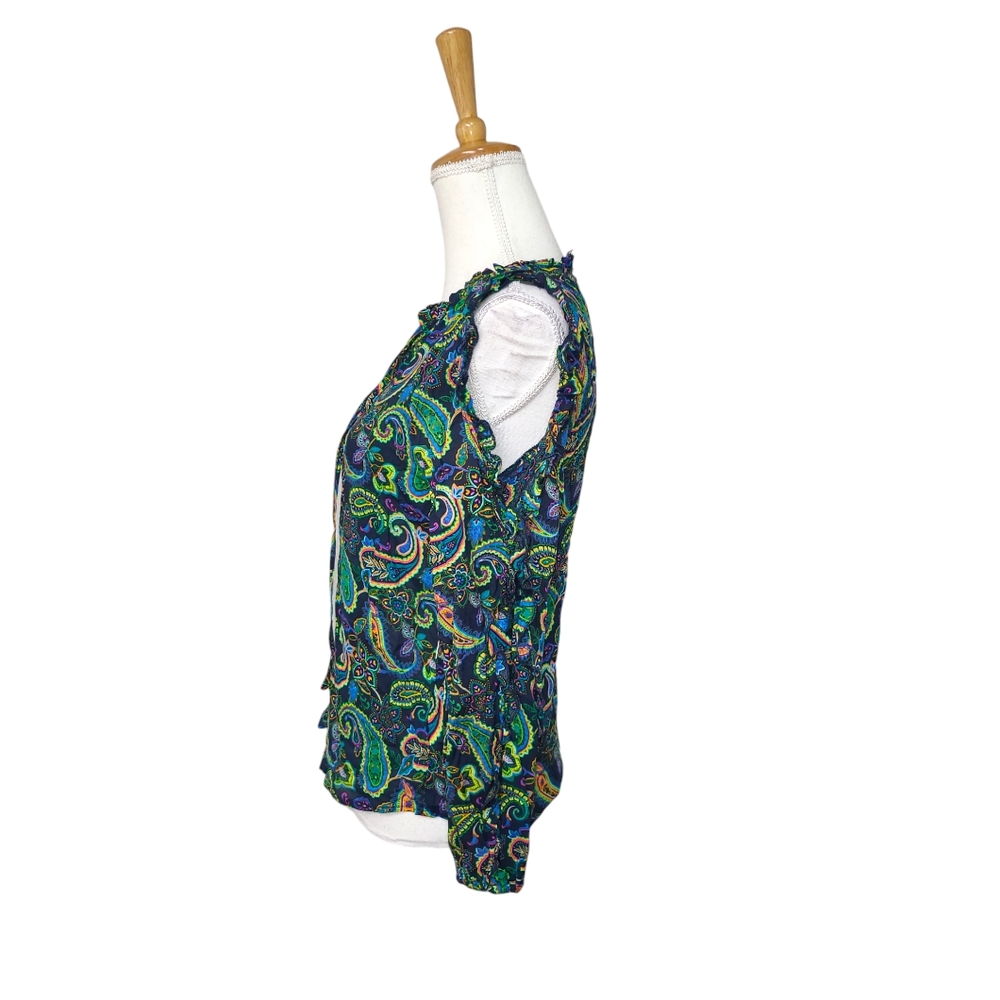 WILLOW DRIVE SHIRT WOMENS OVERSIZED XS GREEN PAISLEY COLD SHOULDER BLOUSE TOP - Picture 3 of 12